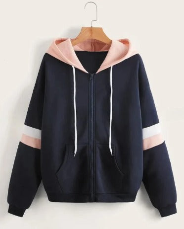 Navy Blue with Pink and White Stripes Zipper Hoodie