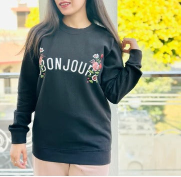 Black Bonjour Printed Sweat Shirt
