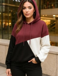 Maroon Black and White Cut and Sew Kangaroo Hoodie For Women
