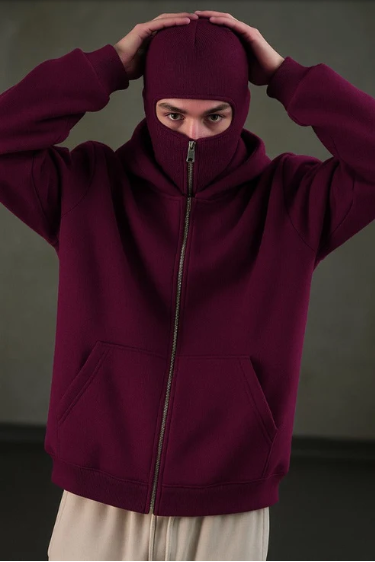 Maroon Balaclava Ninja Zipper Hoodie Jacket