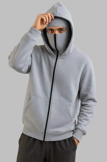 Grey Balaclava Ninja Zipper Hoodie Jacket