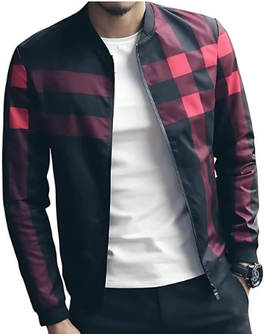 Red Checkered Printed Zipper Jacket