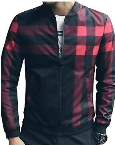 Red Checkered Printed Zipper Jacket