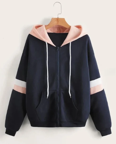 Navy Blue with Pink and White Stripes Zipper Hoodie