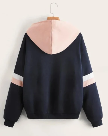Navy Blue with Pink and White Stripes Zipper Hoodie