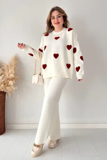 White with Red Heart Printed Fleece Co-ords Set