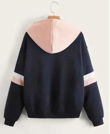 Navy Blue with Pink and White Stripes Zipper Hoodie