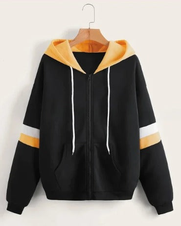 Black with Yellow and White Stripes Zipper Hoodie