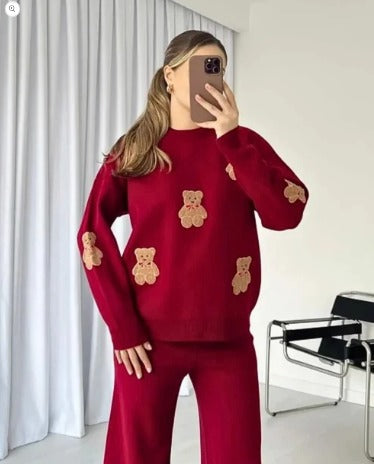 Maroon Bear Craze Printed Fleece Co-ord Set