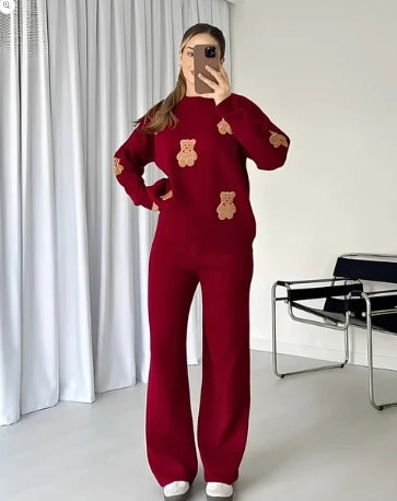 Maroon Bear Craze Printed Fleece Co-ord Set