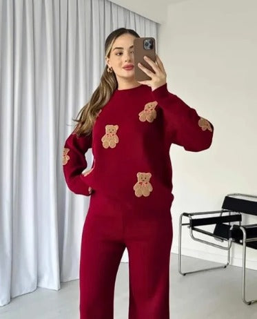 Maroon Bear Craze Printed Fleece Co-ord Set