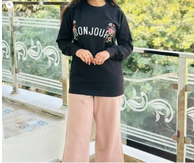 Black Bonjour Printed Sweat Shirt