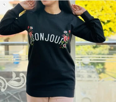 Black Bonjour Printed Sweat Shirt