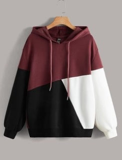 Maroon Black and White Cut and Sew Kangaroo Hoodie For Women