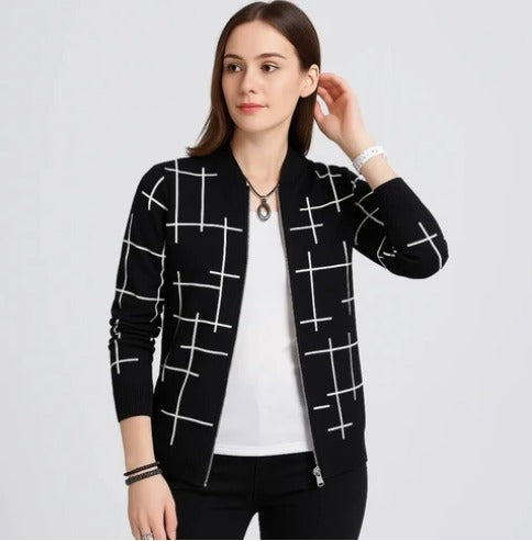Black Printed Zipper Jacket For Women
