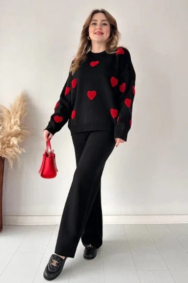 Black with Red Heart Printed Fleece Co-ords Set